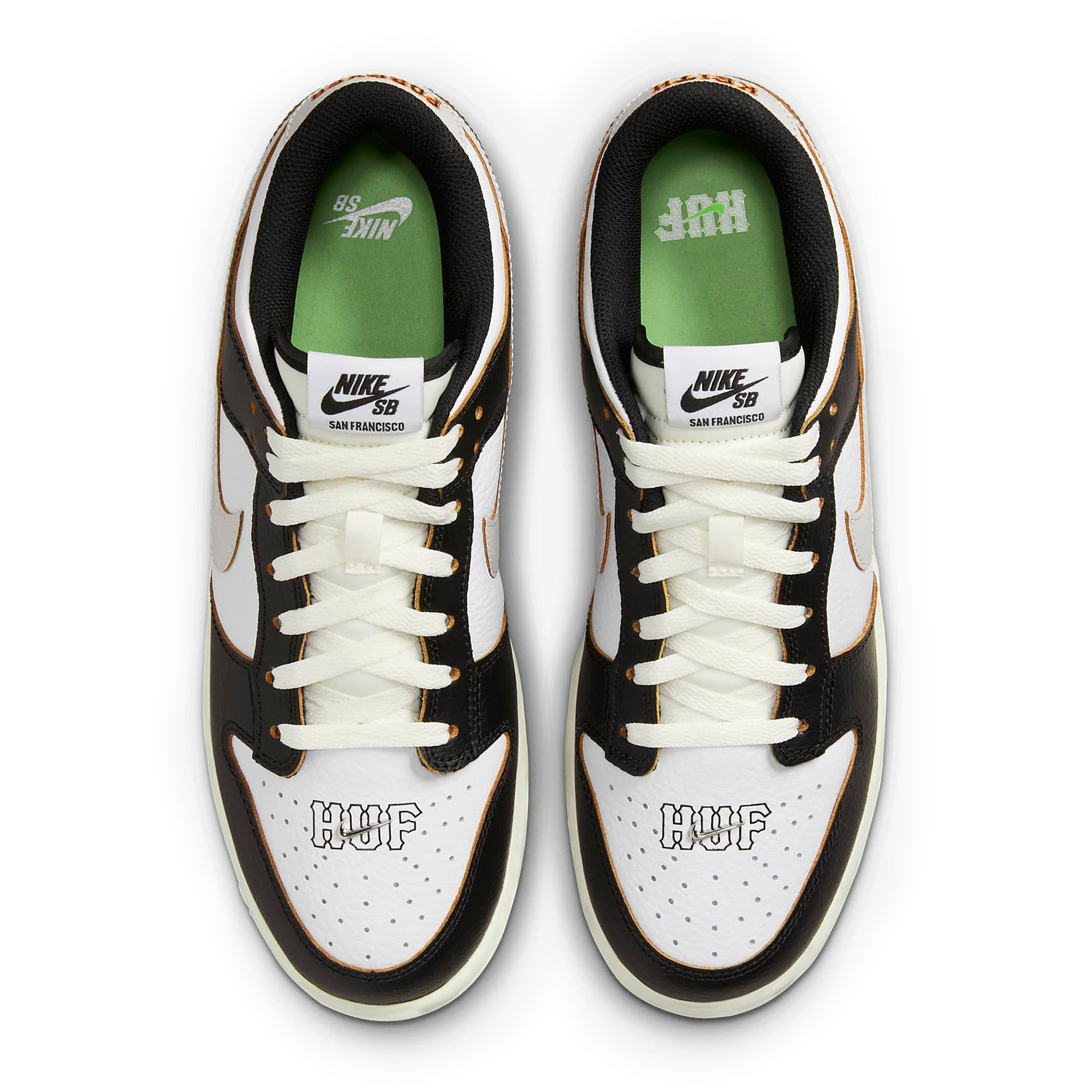 Top down view of Nike x HUF SB Dunk Low San Francisco FD8775-001